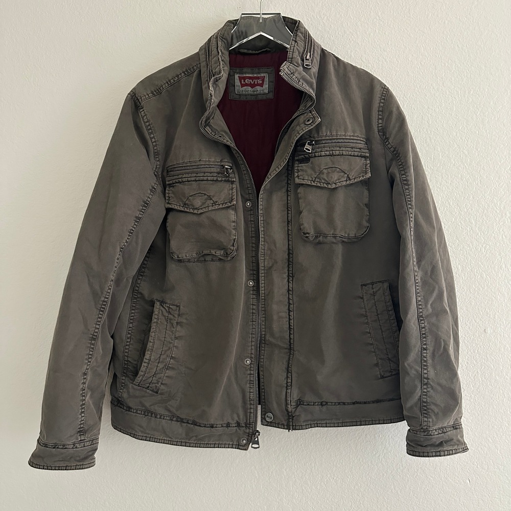 Levi's Field Jacket Mens M Gray Multi Pocket Quilted Lined Zip Snap Utility